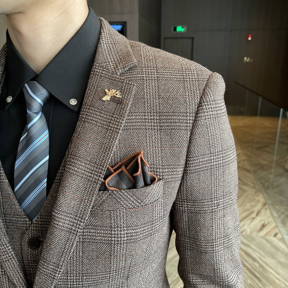 Ensemble costume trois pièces à carreaux modifié de haute qualité de style coréen britannique pour hommes - Gilet et pantalon de costume décontracté élégant