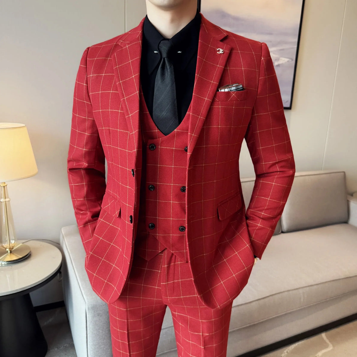 Men's 3-Piece Slim Fit Plaid Suit – Jacket, Vest & Pants for Weddings, Office & Formal Occasions