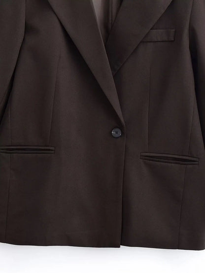 Autumn Women Fashion Solid Blazer Female High Street Pockets Turn-down Collar Single Button Commuter Casual Long Sleeve Coat