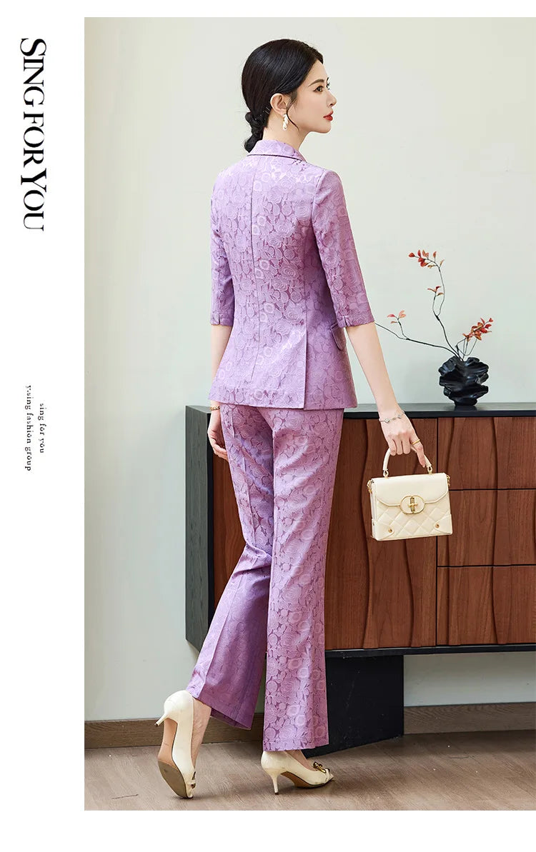 Fashion Purple Half Sleeve Professional Suit Women New Summer Elegant Formal Slim Blazer And Pants Office Ladies Work Wear