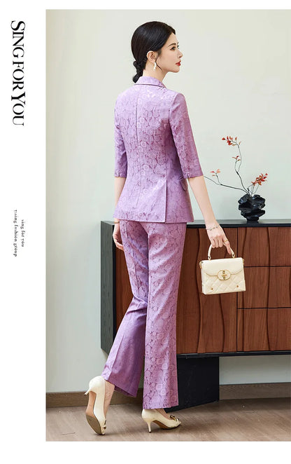 Fashion Purple Half Sleeve Professional Suit Women New Summer Elegant Formal Slim Blazer And Pants Office Ladies Work Wear