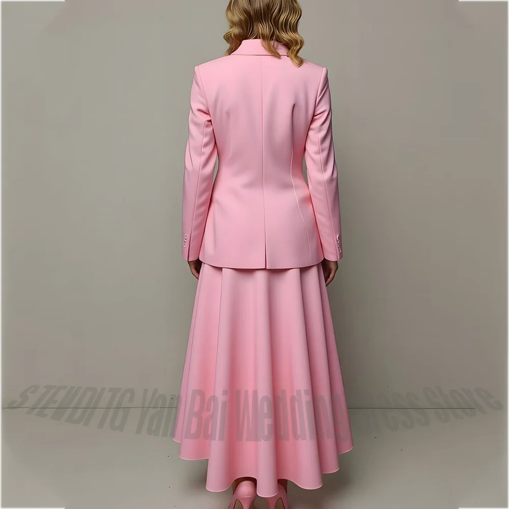Pink Women's 2 Piece Suit Set Single Button Jacket with Flared Maxi Skirt Pleat Formal Business Office Party Lady Fashion Outfit