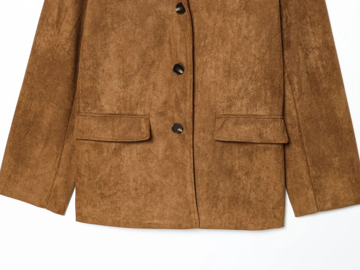 Spring Autumn New Women's Blazer Notched Collar Single Breasted Faux Suede American Retro Office Lady Elegant Coats HK15865