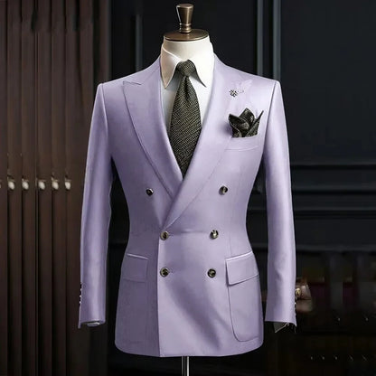 Lavender Slim Fit Blazer for Men Peak Lapel Double Breasted Elegant Smoking Jacket Blazer for Wedding Business Banquet One Coat