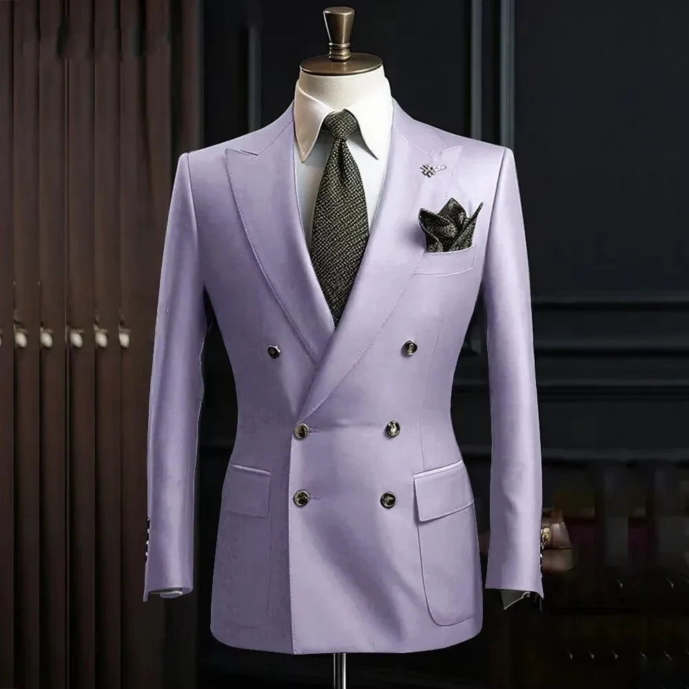 Solid Blazer for Men Peak Lapel Double Breasted Dinner Jacket Elegant Smoking Slim Fit Suit Coat for Wedding/Business Banquet