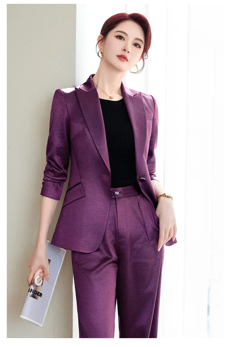 High Quality Women Purplish Red Pant Suit Female Solid Single Button Blazer and Trouser 2 Piece Set For Office Ladies Work Wear