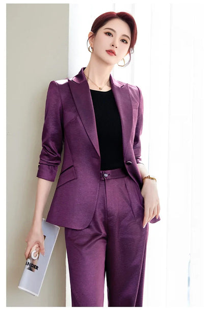 High Quality Women Purplish Red Pant Suit Female Solid Single Button Blazer and Trouser 2 Piece Set For Office Ladies Work Wear