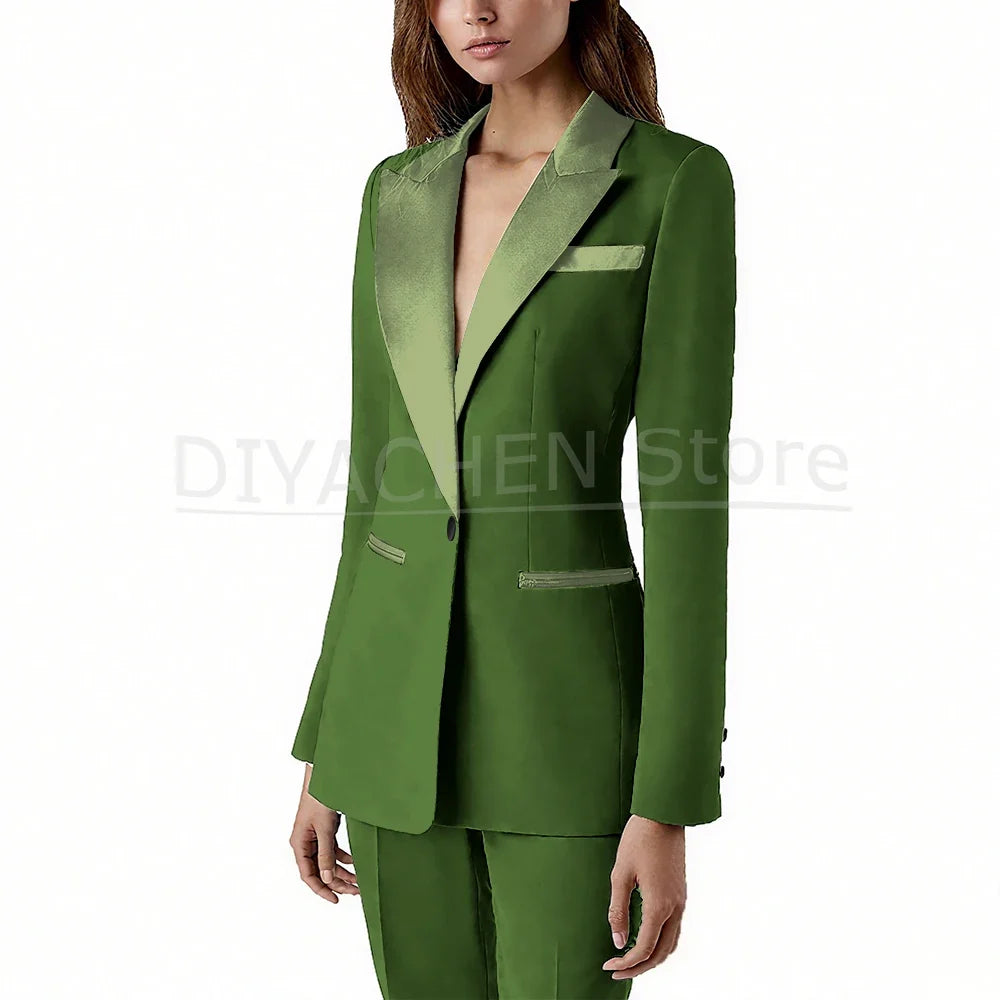Pants Sets 2 Piece Fashion Satin Peak Lapel Single Button Solid Color Outfits Chic Casual Slim Daily Office Women's Suit