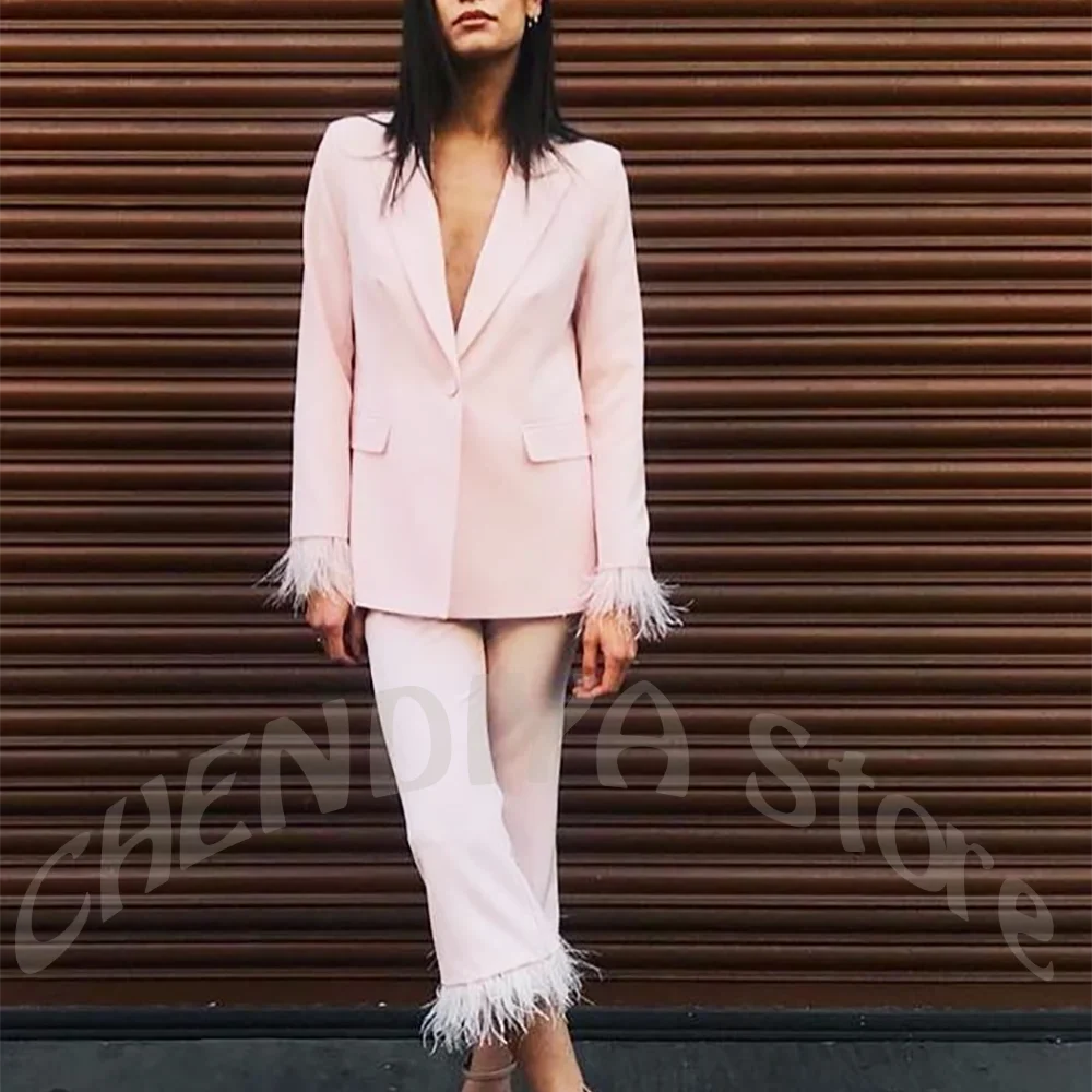 Light Pink Suit For Women New Fashion Single Button Peaked Lapel Blazer With Feather High Street Travel Luxury Outfit Set