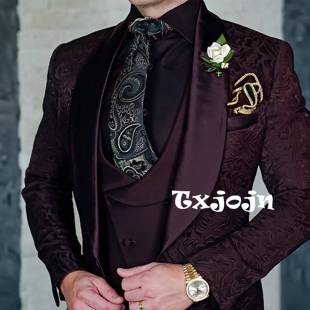 Exquisite jacquard Men's 3-piece Suits Wedding Groom Sets Handsome Shawl Lapel Suit Set Dancing Wear Formal Tuxedo For Business