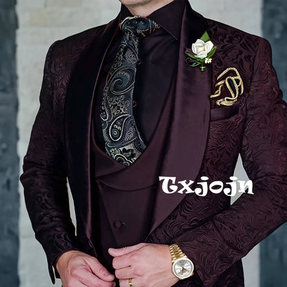 Exquisite jacquard Men's 3-piece Suits Wedding Groom Sets Handsome Shawl Lapel Suit Set Dancing Wear Formal Tuxedo For Business