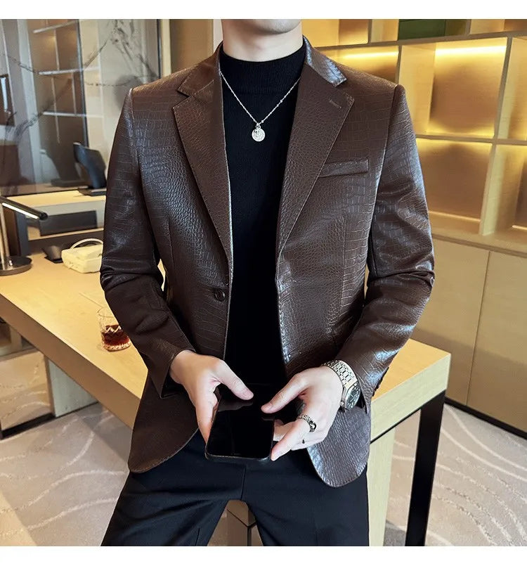2026 Crocodile Patterned Leather Suit Jacket Men Slim Fit Business Casual Leather Jacket Wedding Groom Party Work Men Blazers