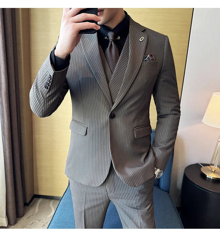 (Jackets+Pants+Vest) Luxury Stripe Men Suit Korean Version Fashion Elegant Slim Fit Tuxedo Formal Groom Wedding Social Suits