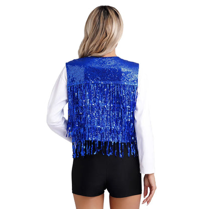 Women's Fringe Vest Clubwear Jazz Modern Dance Waistcoat Glitter Tassel Sleeveless Jacket Sequins Vests Music Festival Costumes