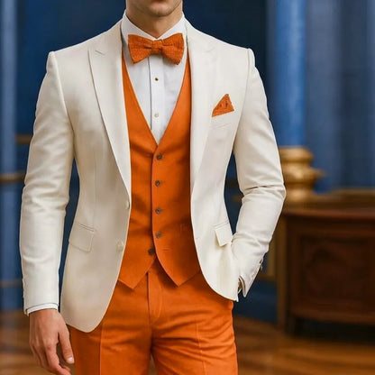 Costume Formel Homme Blanc Et Orange Occasion Mariage Garçons d'honneur Remise de diplôme Bal Smoking 3 Pièces Tenue Masculine Traditionnelle