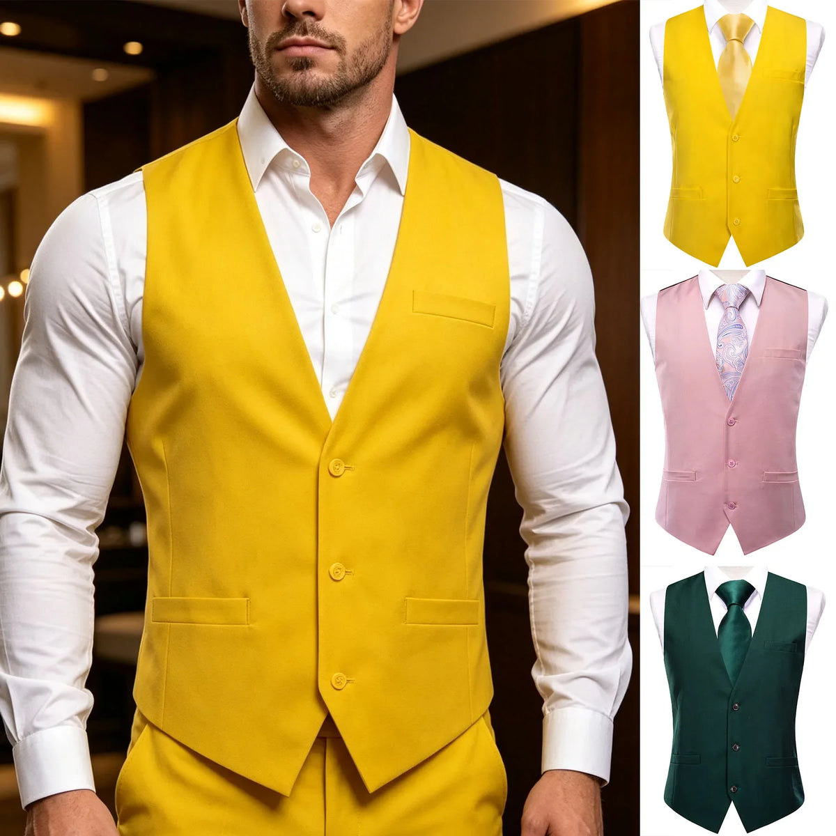 Men's Solid Color V-Neck Suit Vest for Weddings and Evening Events