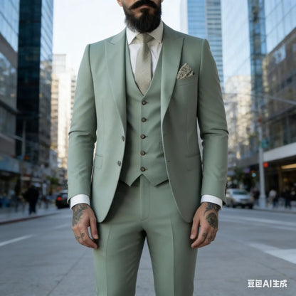 Green Men's Slim Fit 3 Piece Suits (Jacket+Vest+Pant) Wedding Groom Tuxedos Prom Formal Male Party Blazers