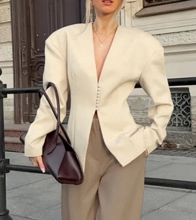 Women Blazer Jacket Fitted Long Sleeve Blazer Button Front V Neck Cream Business Casual Office Elegant Jacket