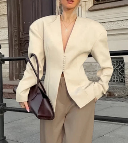 Women Blazer Jacket Fitted Long Sleeve Blazer Button Front V Neck Cream Business Casual Office Elegant Jacket