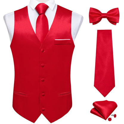 Men's Satin Suit Vest Set with Necktie Bow Tie Handkerchief and Cufflinks for Wedding and Formal Occasions