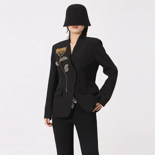 Spring Autumn New Women Blazer V-neck Single Breasted Beaded Flower High-End Slim Fit Elegant Fashion Tide Ins Coat HK16437