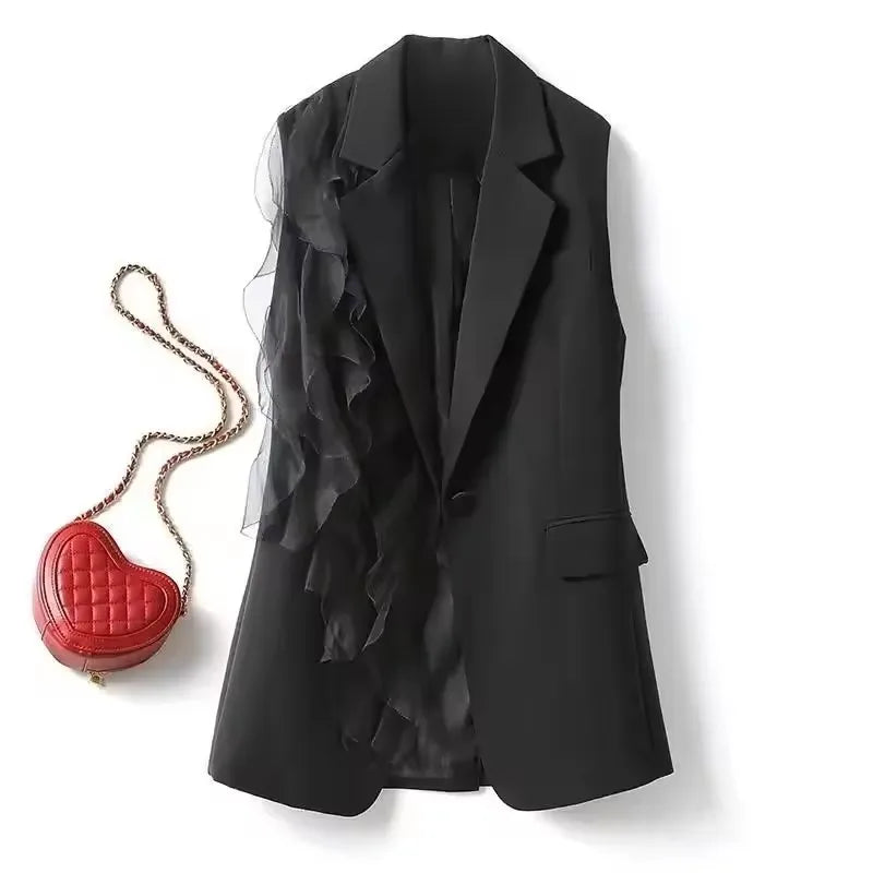 Women's Suit Vest Jacket With Lining 2026 Summer Korean Black Loose Casual Sleeveless Ladies Vest  Splicing Lady Suit Waistcoat