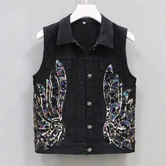 Korean Fashion Denim Vest Female Spring Summer Coats New Sequined Sleeveless Short Jacket Women Jean Waistcoat Outerwear