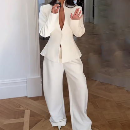 Women Dark Olive Hidden Button Suit Stand Collar Deep V Blazer Pants Full Set Formal Business Wedding Guest Two Piece Outfit