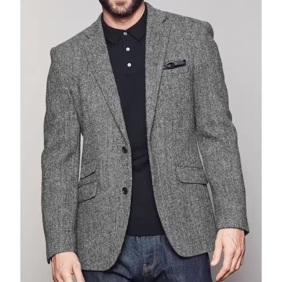 Men's Herringbone Suit Jacket – Single Breasted Slim Fit Blazer for Business & Formal Wear
