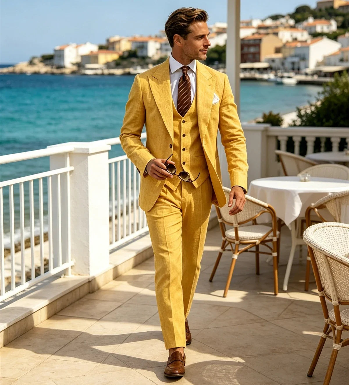 Men's Suit Customized 3 Piece Blazer Vest Pant Linen Set Full Man Terno Linen Suit Notched Lapel Casual Tuxedo Summer Wedding