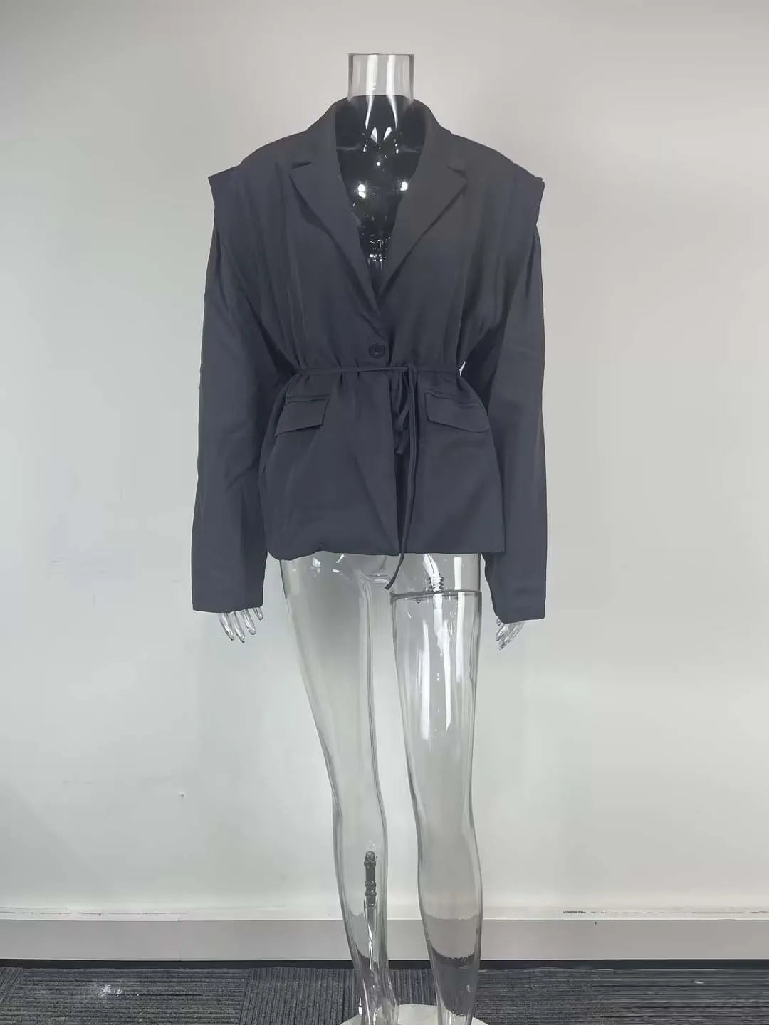Spring Autumn Fashion Women's Pure Color Belted Shoulder Pad Suit Coat Commute Style Loose Fit Long Sleeve Regular Length