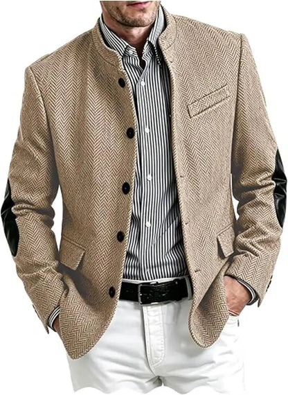 Vintage Men's Mandarin Collar Herringbone Tweed Blazer with Leather Elbow Patch Wool Blend Business Casual Slim Fit Suit Jackets