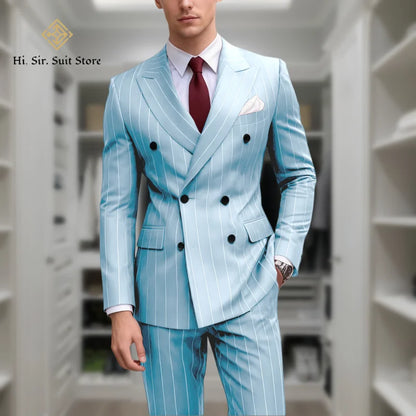 Men's 2-Piece Slim Fit Double-Breasted Striped Suit Set for Men – Wedding, Business & Formal Occasions