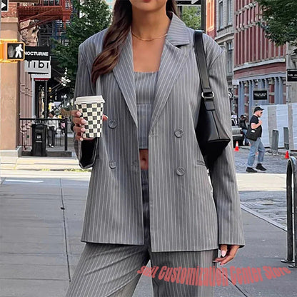 Grey Pinstripe Daily Women's Suit 2Piece(Jacket+Pants) Set Double Breasted Notch Lapel Blazer Casual Streetwear Office Outfit