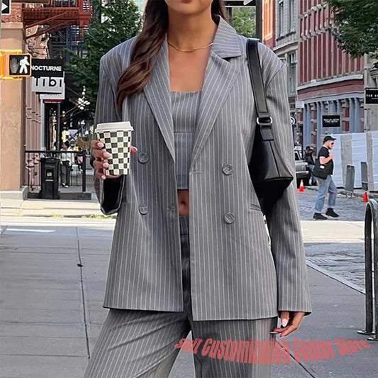Grey Pinstripe Daily Women's Suit 2Piece(Jacket+Pants) Set Double Breasted Notch Lapel Blazer Casual Streetwear Office Outfit