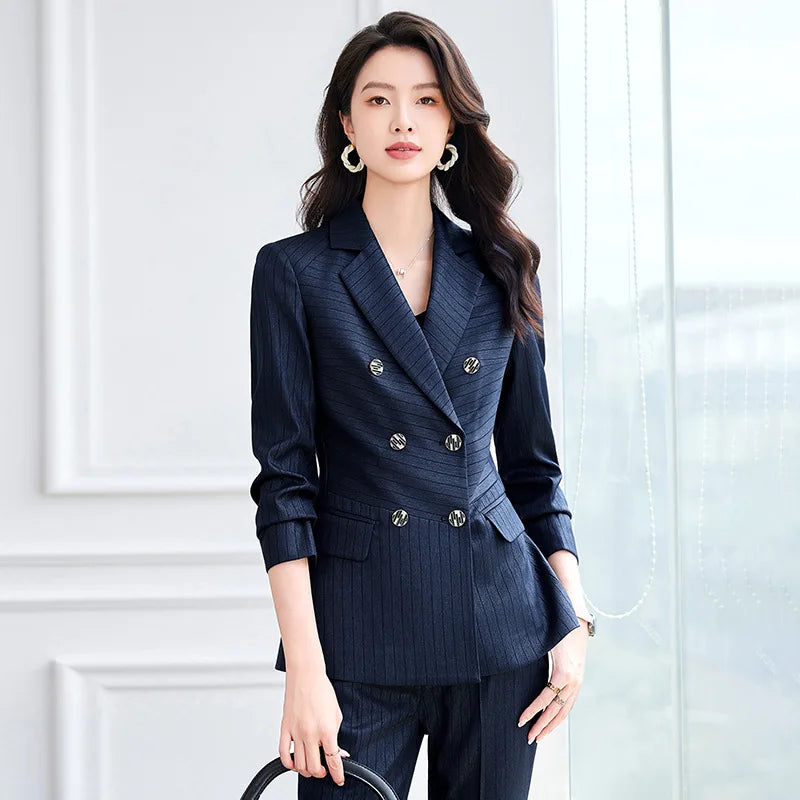 High Quality Women Navy Blue Green Pant Suit Female Button Decoration Blazer and Trouser 2 Piece Set For Office Ladies Work Wear