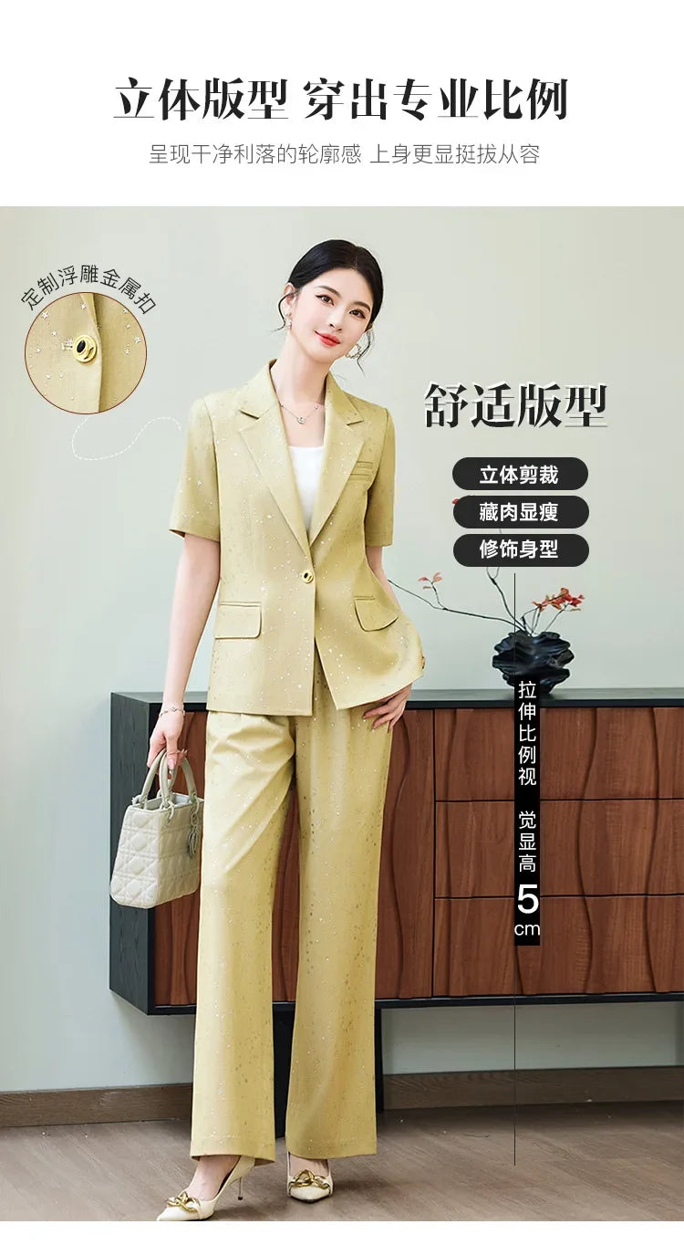 Fashion Blue Yellow Short Sleeve Professional Suit Women New Summer Elegant Formal Slim Blazer And Pants Office Ladies Work Wear