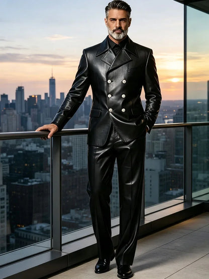 Men's Leather 2 Piece Suit Retro Double Breasted Peak Lapel Slim Fit Blazer Straight Leg Pants Formal Set Business Casual Weddin