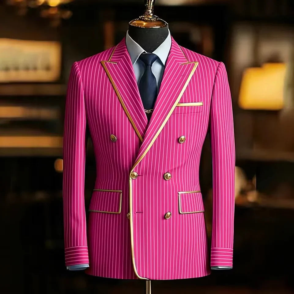 Pinstripe Double Breasted Peak Lapel Mens Suit Jacket Business Slim Fit Gold Trim Striped Coat Formal Wedding Prom Banquet Party