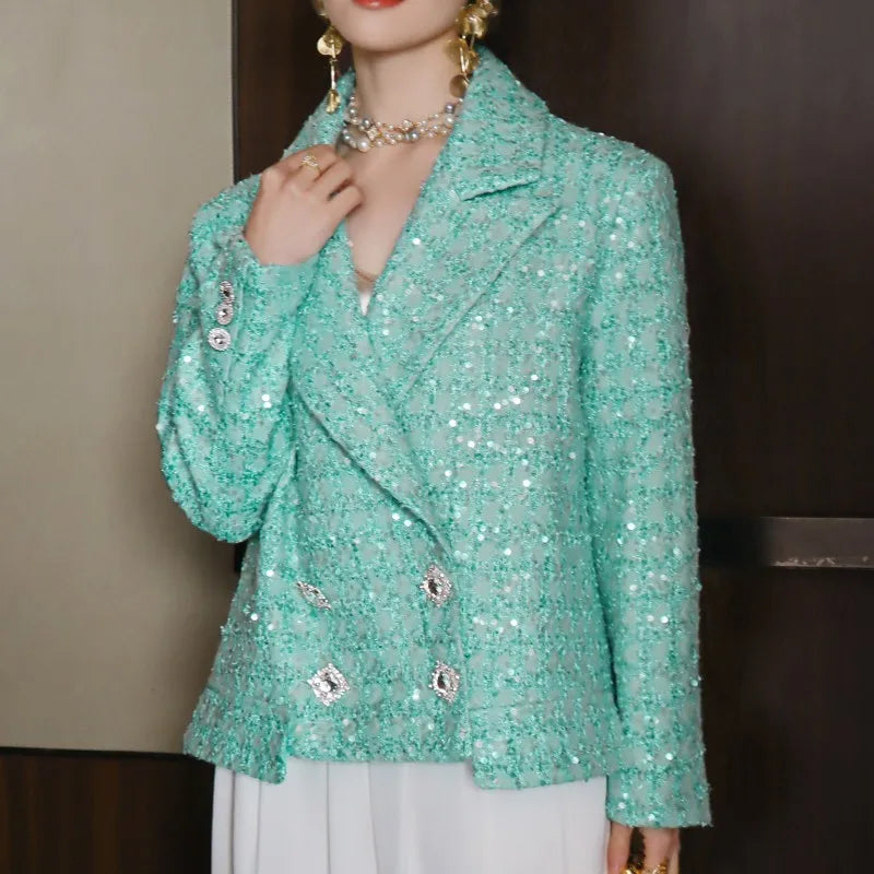 Elegant Women Spring Sequined Tweed Jacket Fashion Office Lady Doubil Breasted Short Coat Turn Down Collar Long Sleeve Outerwear