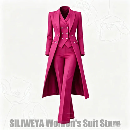 Women's Suit 3 Piece Double Breasted Long Coat Vest Pants Elegant Formal Business Wear Luxury Wedding Party Prom Outfit 2026
