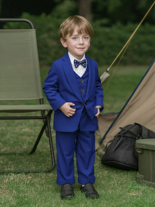 Kids Elegant Blue Suit  Set Boys 5Pieces Jacket Vest Pants Bowtie Brooch Formal Wedding Birthday Performance Photograpy Outfit