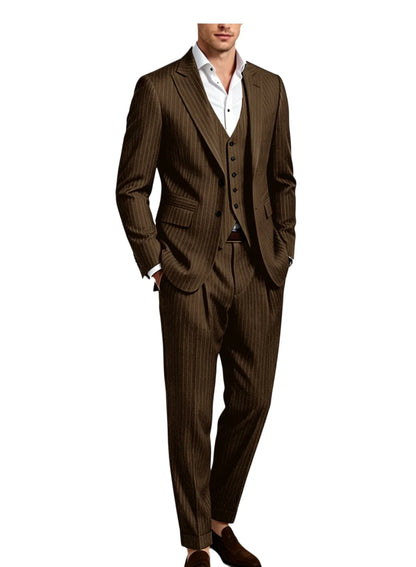 Men's 3-Piece Pinstripe Suit – Slim Fit Notched Lapel Blazer, Vest & Trousers for Wedding & Business