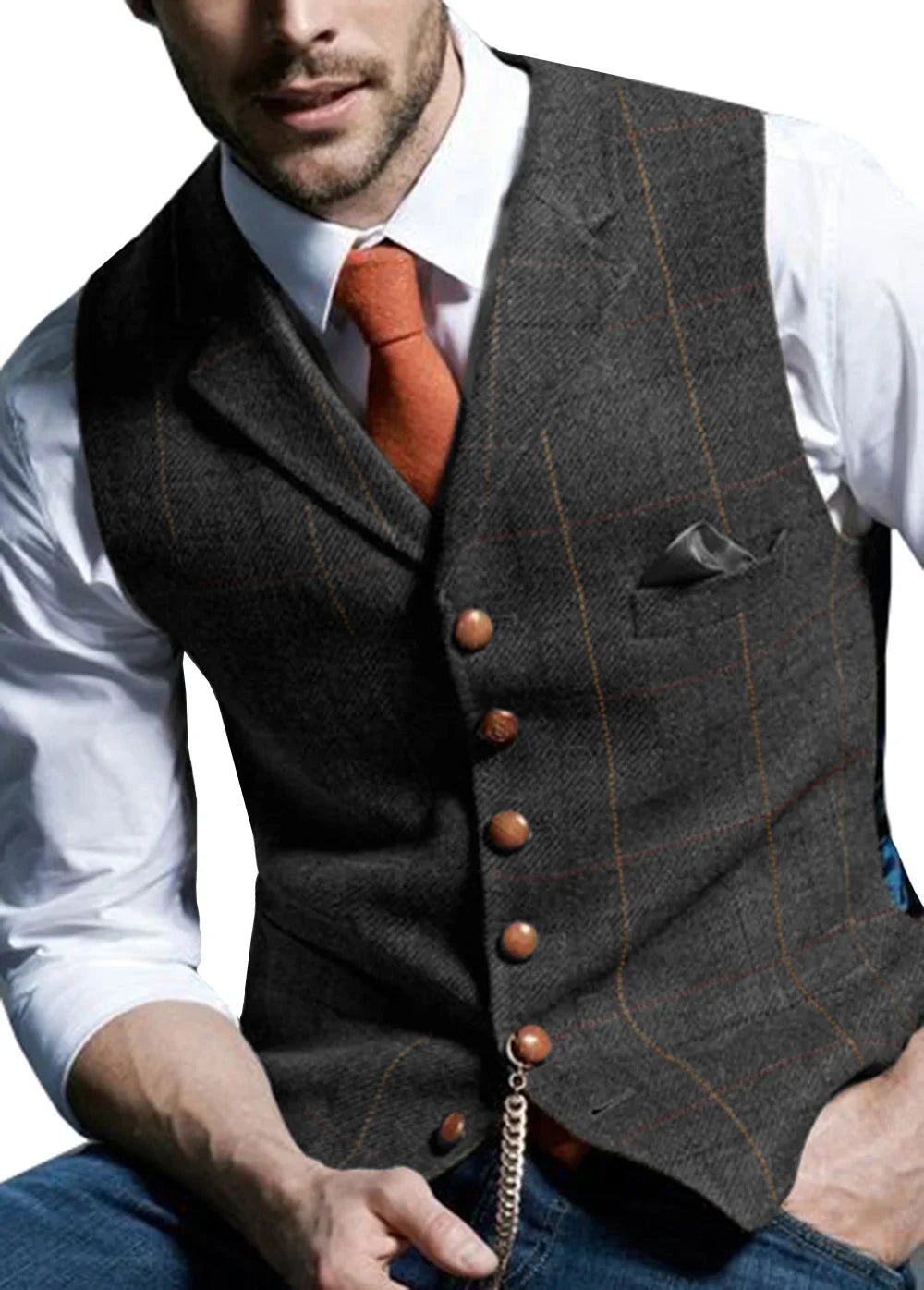Men's Vest Herringbone Tweed Single Breasted Waistcoat for Business and Wedding