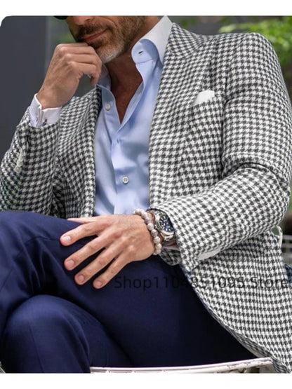 Pink Houndstooth Suit Jacket Woolen Suit Blazer Business Top Single Breasted Slim Fit Plaid Suit Jacket Wedding Warm Suits Coat