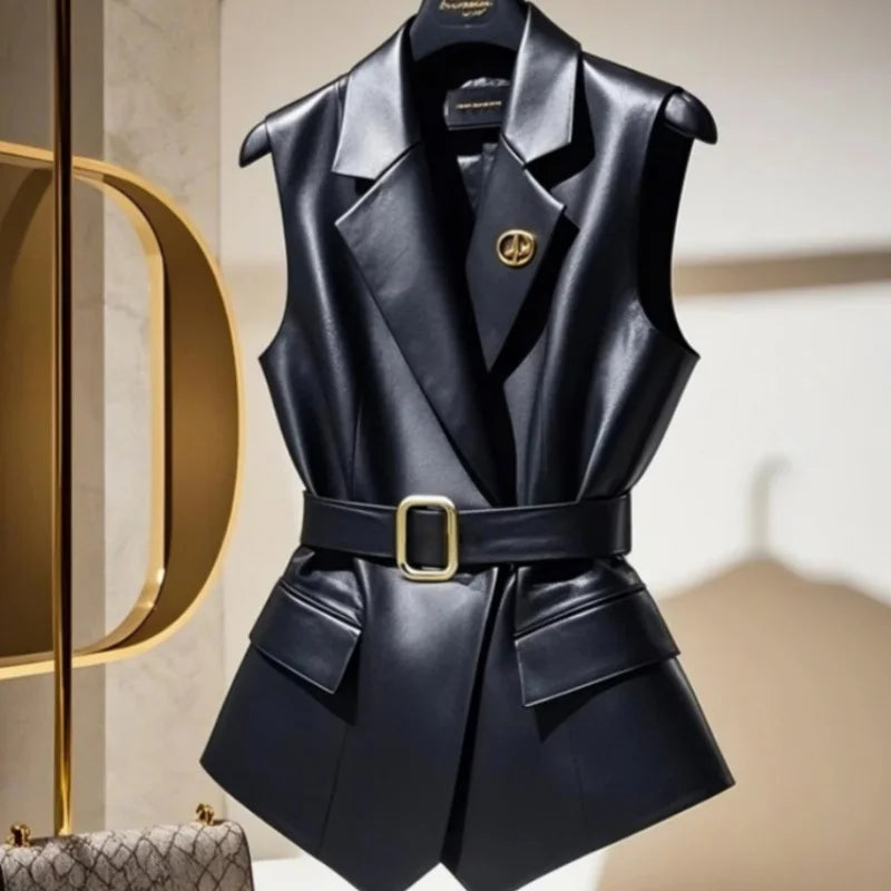2025 British Style Black Blazers Vest Jackets Temperament Women Sleeveless Notched Vest Coats Fashion Streetwear Elegant Clothes