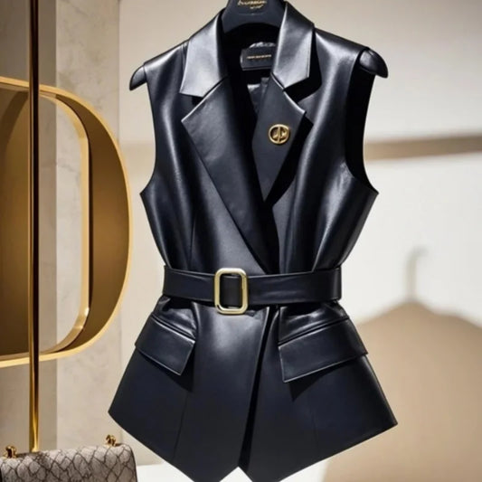 2025 British Style Black Blazers Vest Jackets Temperament Women Sleeveless Notched Vest Coats Fashion Streetwear Elegant Clothes
