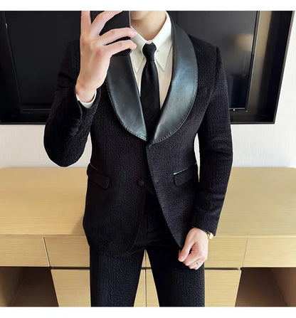 British Style PU Patchwork Suit for Men Casual Business Wedding Suits 2 Pieces Set (jacket+pant) Office Work Party Prom Suit