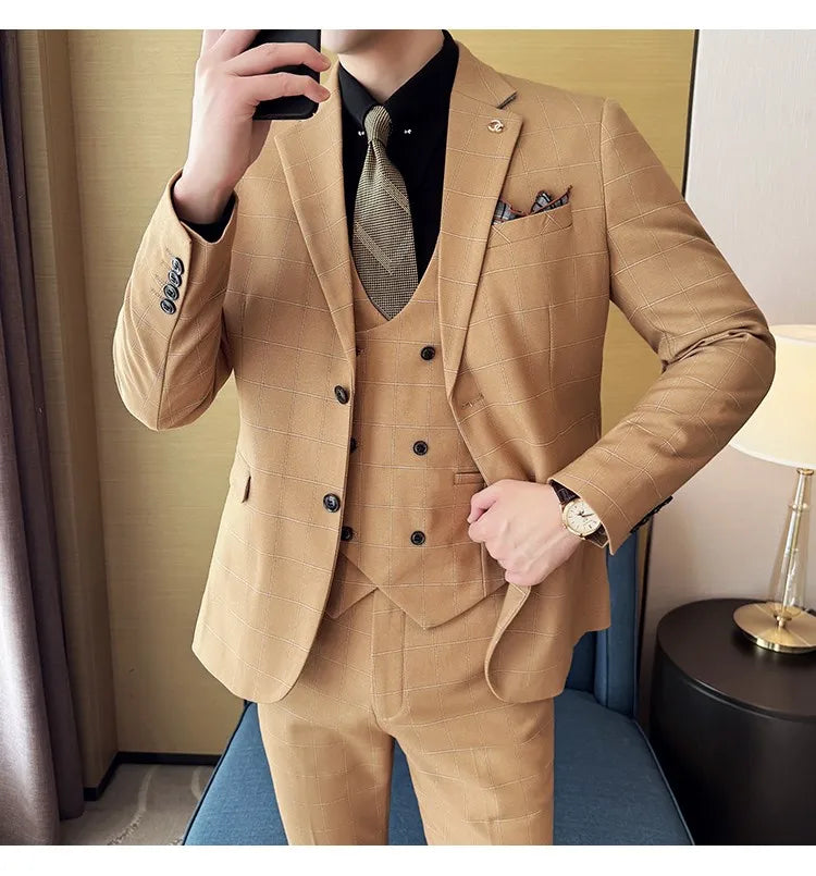 Men's 3-Piece Slim Fit Plaid Suit – Jacket, Vest & Pants for Weddings, Office & Formal Occasions