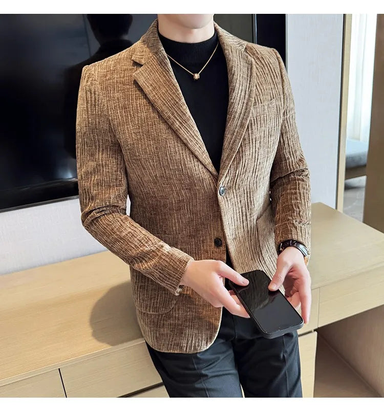 2025 Winter Chenier Thick Suit Jacket for Men Korean Slim Fit Casual Business Men Blazers Wedding Groom Office Social Dress Coat